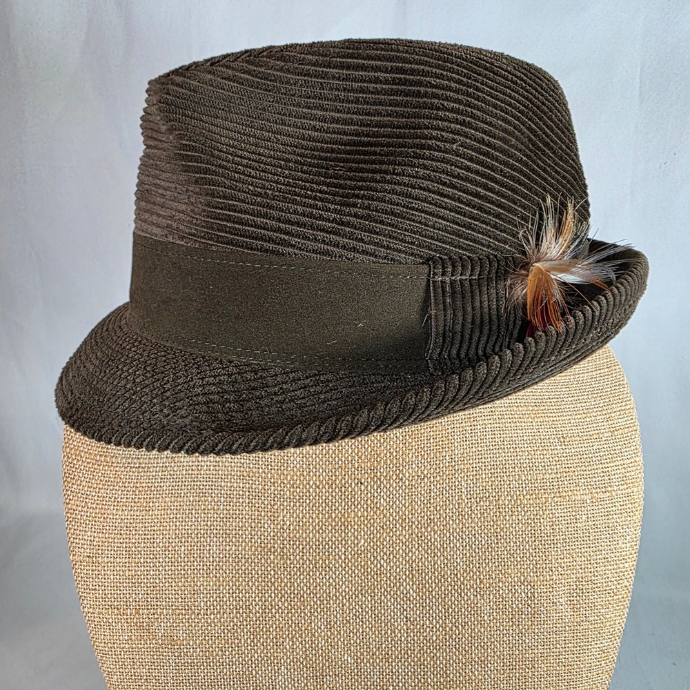 Vintage Towncraft Brown Corduroy Fedora Hat Suede Band Feather 1960s Stingy Brim